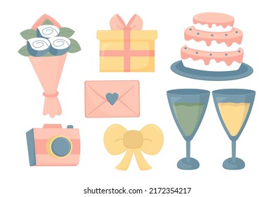 Set Of Bride Accessories In Wedding Items For Marriage Ceremony Bridal Dress, Shoes, Garter, Bouquet, Veil, Jewelry, Rings, Clutch, Wedding Cake, Drawing Cartoon Style, Vector Illustration