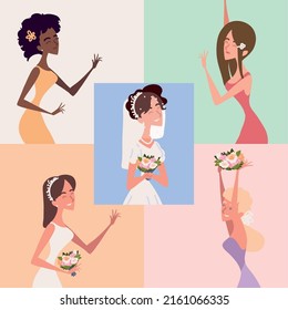 set of bride and bridesmaids and bouquets