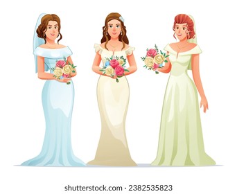 Set of bride characters holding bouquet. Vector cartoon illustration