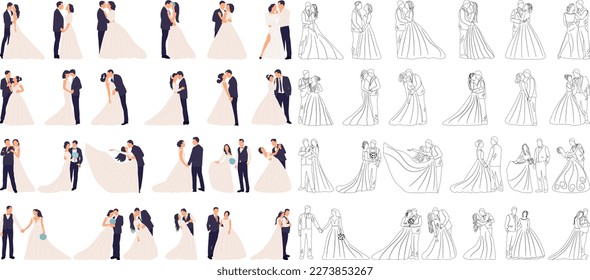 set of bride and groom collection wedding isolated, vector