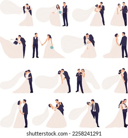 conjunto de novias y novios de estilo plano sobre fondo blanco, vector