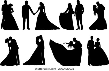 set of bride and groom silhouette isolated vector