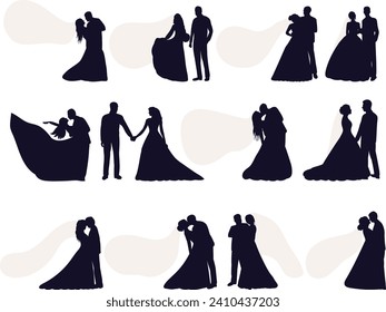 set of bride and groom with veil, silhouette, vector