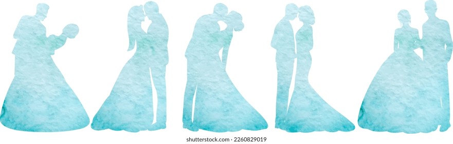 set of bride and groom watercolor silhouette isolated, icon, vector