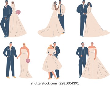 Set of bride and groom in wedding dresses. Vector illustration in flat style