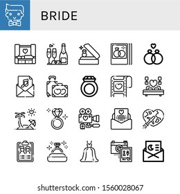 Set of bride icons. Such as Groom, Wedding, Wedding ring, Wedding photo, Invitation, Honeymoon, Ring, Diamond ring, day, invitation, Guest list, dress , bride icons