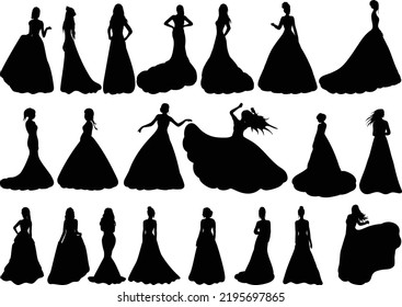 set bride, princess silhouette isolated, vector