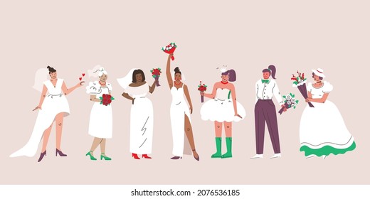 Set of brides of different ages, nationalities and styles. Women in wedding dresses. Vector trendy character.