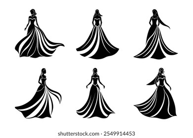 Set von Bräuten in einem fließenden Kleid Silhouette