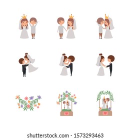 Set of brides and grooms cartoons design, Wedding marriage love celebration invitation and engagement theme Vector illustration