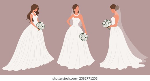 Set of brides in a white wedding dress with a bridal bouquet. Luxurious wedding dresses for brides. Illustration, vector