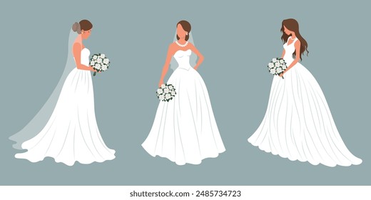 Set of brides in a white wedding dress with a bridal bouquet. Luxurious wedding dresses for brides. Illustration