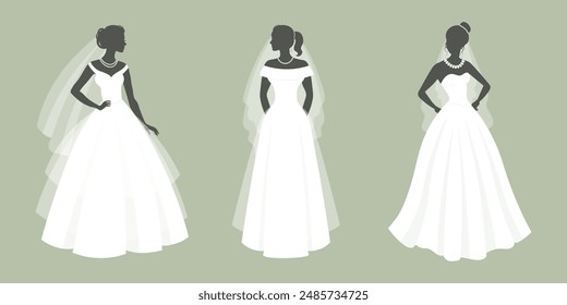 Set of brides in a white wedding dress with a bridal bouquet. Luxurious wedding dresses for brides. Illustration