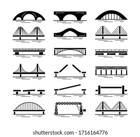 Conjunto de iconos de silueta negra de puente aislados en fondo blanco. Diferentes tipos de puentes. Varias construcciones de puentes. Ilustración vectorial.