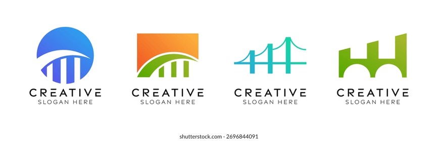 Set of bridge diagram logo design templates. Modern isolated bridge with financial design for analysis, market and finance.