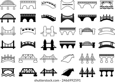 Conjunto de iconos de Bridge. Concepto de lugar, identidad visual, contorno inmobiliario, puentes colgantes. Posible uso en infografía. Estilos planos editables arte gráfico de la marca de stock sobre fondo transparente.