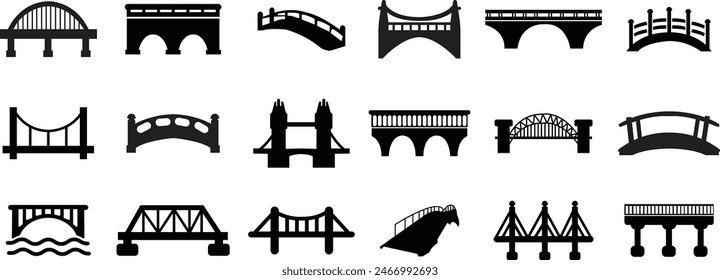 Conjunto de iconos de Bridge. Concepto de lugar, identidad visual, contorno inmobiliario, puentes colgantes. Posible uso en infografía. Rellenar estilos modernos diseños de arte gráfico de la marca sobre fondo transparente.