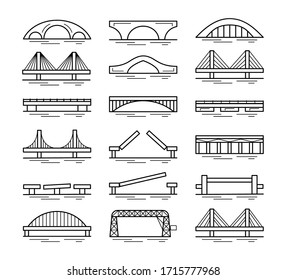 Set of bridge line icons isolated on white background. Different types of bridges. Various constructions of bridges. Vector illustration. Outline style.