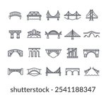 Set of Bridge line icons. Simple symbols with famous bridges, suspension and stone bridges. Editable stroke. Design element for app. Outline vector illustration collection isolated on white background