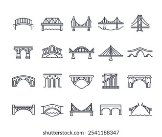 Conjunto de ícones da linha de ponte. Símbolos simples com pontes famosas, suspensão e pontes de pedra. Traçado editável. Elemento de design para aplicativo. Coleção de ilustrações de vetor de contorno isolada no plano de fundo branco