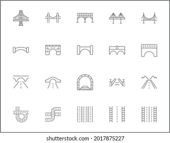 Conjunto de estilo de puente y línea de carreteras. Contiene elementos como calle, camino, ruta, ruta, navegación, túnel, transporte y otros.
