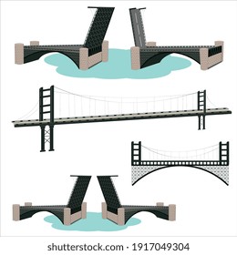 A set of bridge roads through the city, a transport ferry. Illustration in vector