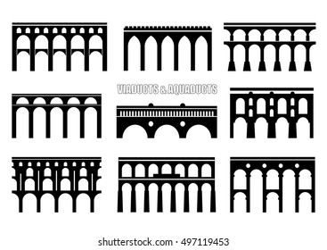 Set of bridge silhouettes. Viaducts, aqueducts, rail and multilevel arched bridges. Concept for logo, icon. svg