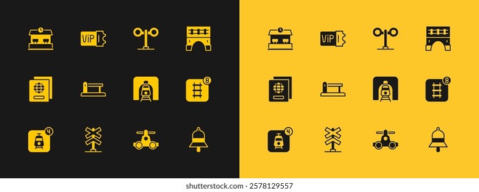 Set Bridge for train, Railroad crossing, Train railway tunnel, Handcar transportation, Railway barrier, traffic light, station and ticket icon. Vector