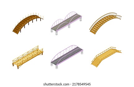 Set of bridges of different types. Wooden, metal, hanging pedestrian and road bridges isometric vector illustration