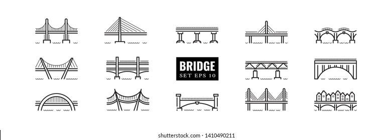 Set bridges line art icons of different typologies and designs. Vector logos bridges in flat outline style isolated on white background.