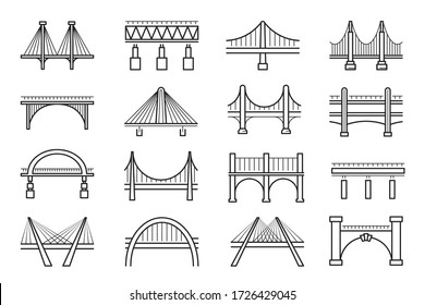 Set of bridges types: beam, truss, cantilever, tied arch, suspension, cable-stayed thin line icons isolated on white. Viaduct, architecture pictograms collection, vector bridges for infographic, web.