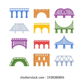 Set of Bridges, Urban Crossover Architecture and Construction for Transportation with Carriageway, City Infrastructure Design Elements Isolated on White Background. Cartoon Vector Illustration, Icons