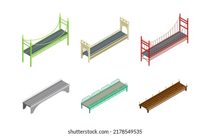 Set of bridges. Wooden, concrete, metal, hanging pedestrian and road bridges isometric vector illustration isolated on white background