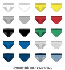 Set of brief pants underwear men isolated technical sketch. Vector illustration of underpants. Man underwear. Blank templates. White, gray, black, blue, yellow, red, green colors. Melange and stripes