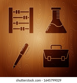 Labor für Briefkästen, Abacus, Pen und Reagenzglas und Kolben auf Holzhintergrund. Vektorillustration