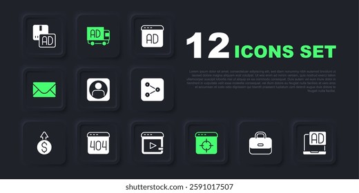 Set Briefcase, Advertising, Create account screen, Target financial goal, Mail and e-mail, Page with 404 error, on truck and Video advertising icon. Vector
