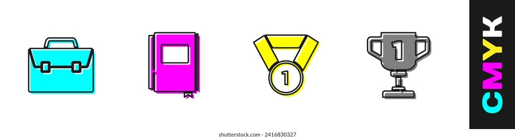 Set Briefcase, Book, Medal and Award cup icon. Vector