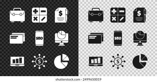 Set Briefcase, Calculator, Contract money and pen, Laptop with graph chart, Dollar, share, network, Pie infographic, Credit card and Mobile phone SEO optimization icon. Vector