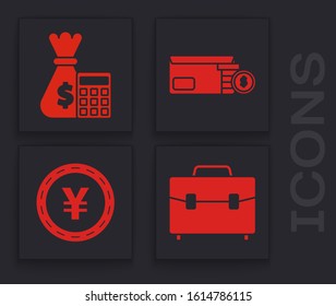 Set Briefcase, Calculator with money bag, Bright stadium lights and Coin money with Yen symbol icon. Vector