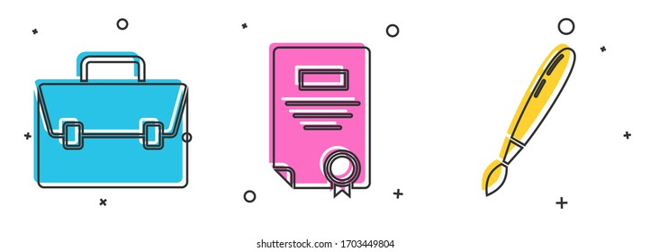 Set Briefcase, Certificate template and Paint brush icon. Vector