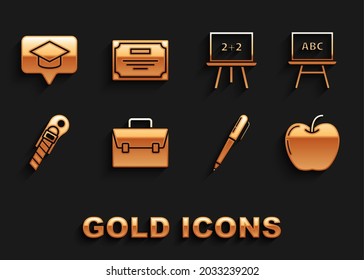 Set Briefcase, Chalkboard, Apple, Pen, Stationery knife, Graduation cap in speech bubble and Certificate template icon. Vector