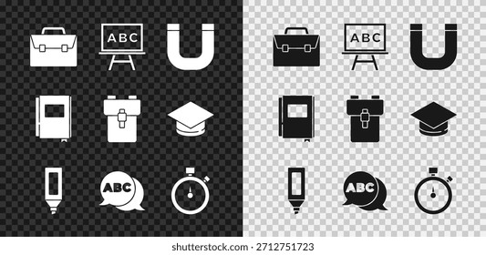 Definir Porta-arquivos, Quadro-negro, Ímã, Caneta Marcadora, Alfabeto, Cronômetro, Livro e Escola ícone de mochila. Vetor