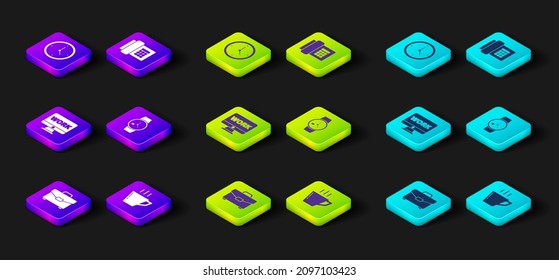 Set Briefcase, Coffee cup, Monitor with text work, Wrist watch, Telephone and Clock icon. Vector