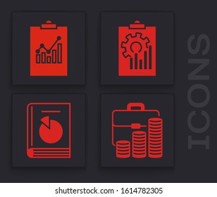 Set Briefcase and coin, Clipboard with graph chart, Clipboard with graph chart and User manual icon. Vector