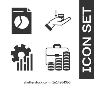 Set Briefcase and coin, Document with graph chart, Pie chart infographic and Money on hand icon. Vector