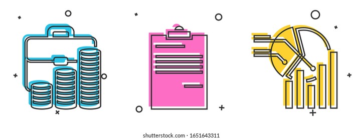 Set Briefcase and coin, Document and Pie chart infographic icon. Vector