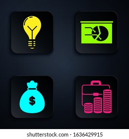 Set Briefcase and coin, Light bulb with concept of idea, Money bag and Board with graph chart. Black square button. Vector