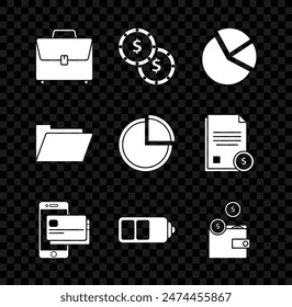 Set Briefcase, Coin money with dollar symbol, Pie chart infographic, Mobile phone and credit card, Battery charge level indicator, Wallet coins, Document folder and  icon. Vector