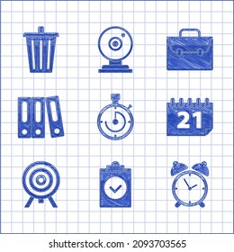 Set Briefcase, Completed task, Alarm clock, Calendar, Target, Office folders with papers and documents,  and Trash can icon. Vector