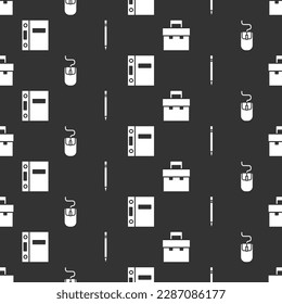 Set Briefcase, Computer mouse, Office folders and Pencil with eraser on seamless pattern. Vector